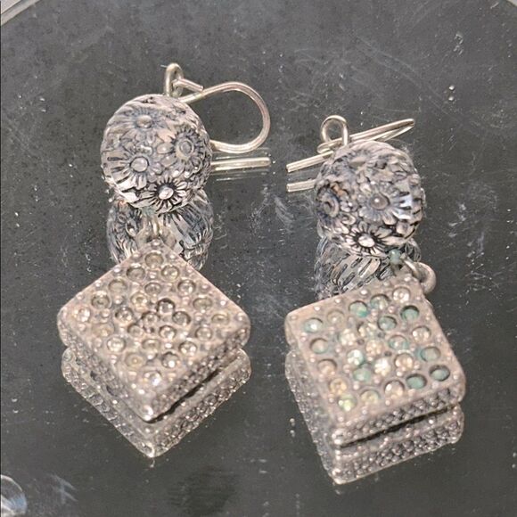 Dark Silver Tone and Gray Floral Glass Ball Drop Wire Earrings - Picture 1 of 3